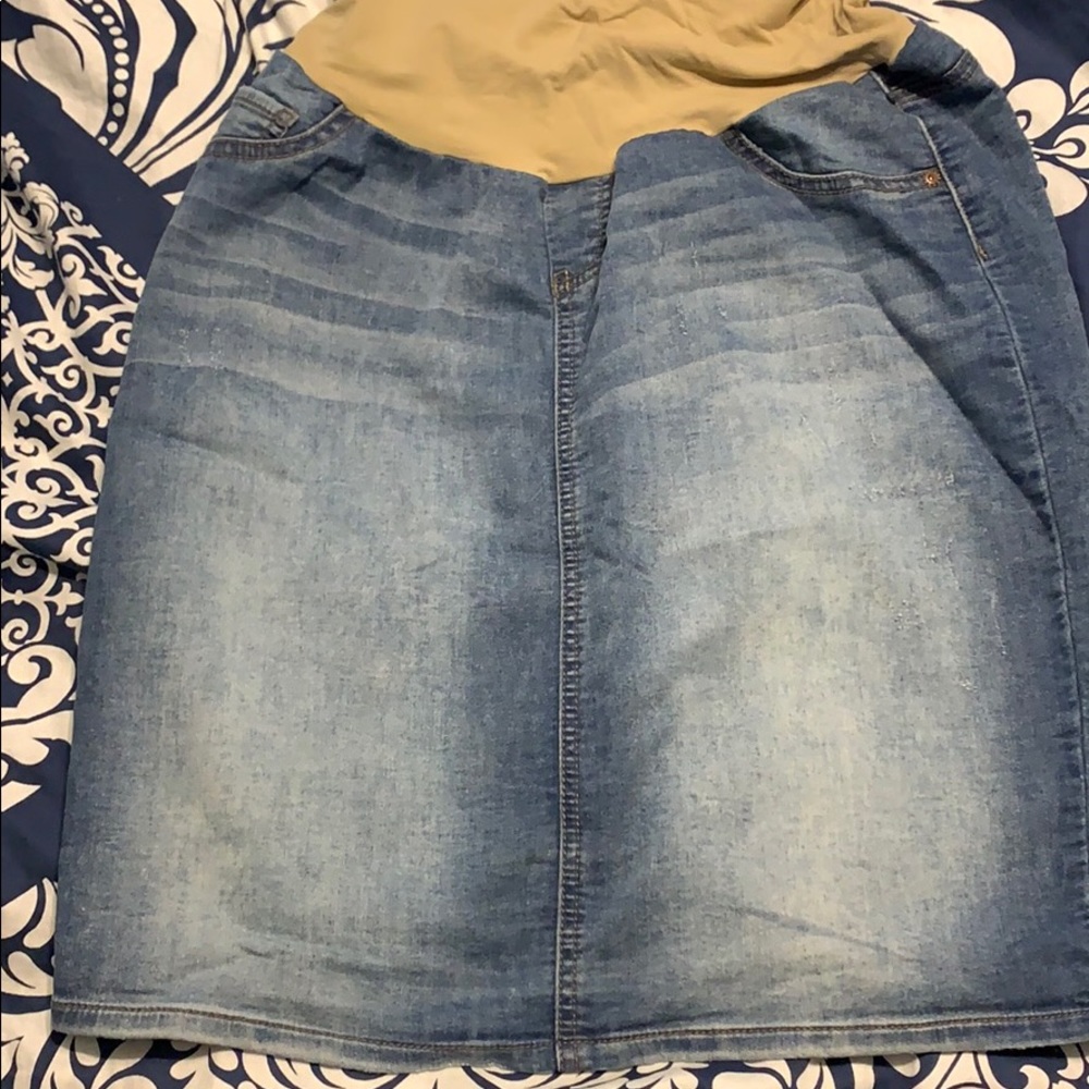 Distressed denim midi skirt